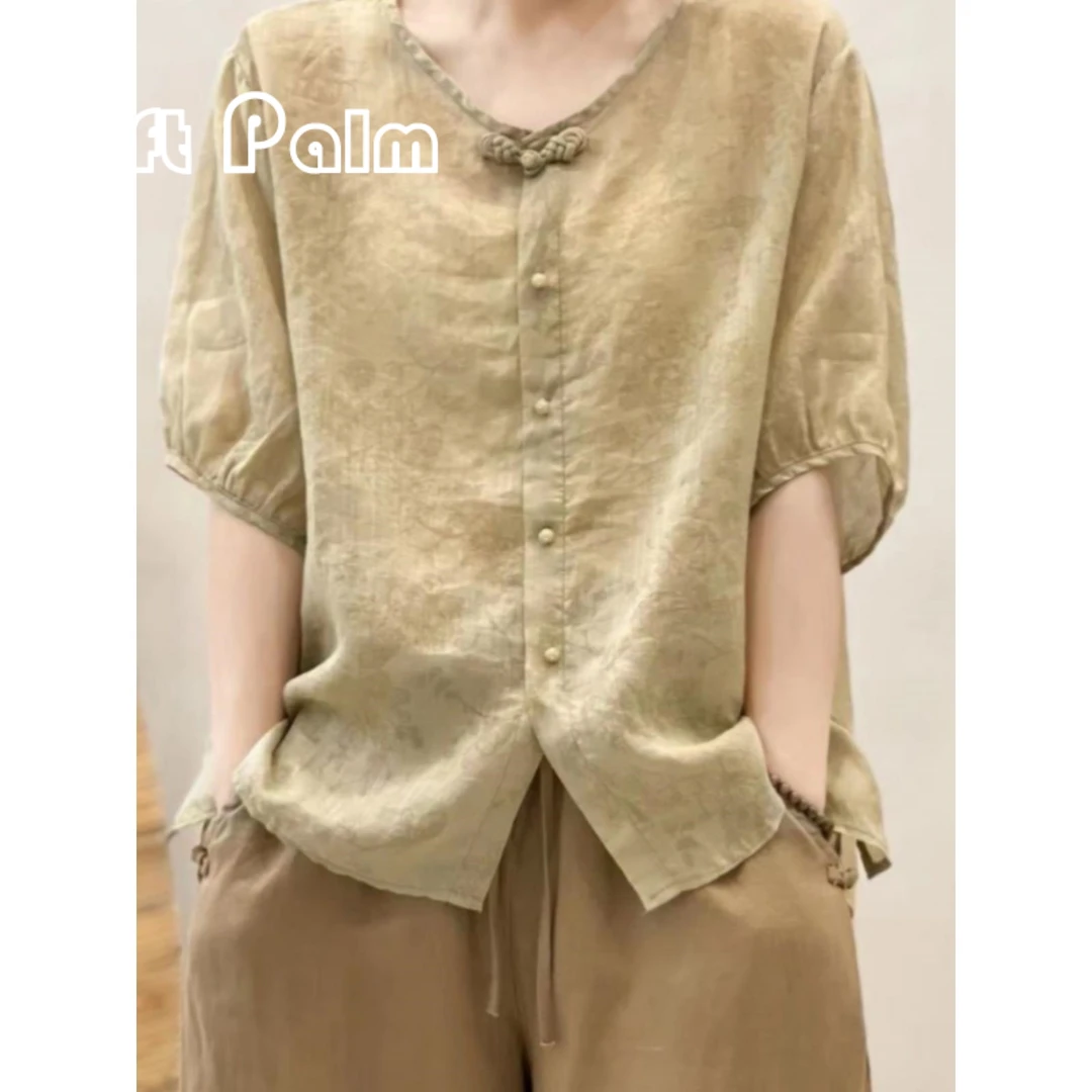 GiftPalm中年妈妈夏装新中式上衣女高端亚麻休闲衬衫2024新款T恤