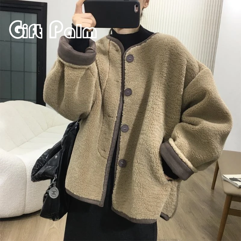 GiftPalm女高密羊毛拼色冬季外套加厚韩系皮毛一体百搭宽松上衣