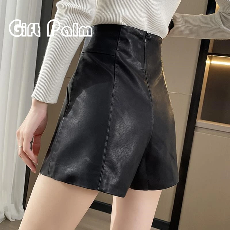 GiftPalm高腰皮短裤女2024年新款秋冬季a字显瘦阔腿外穿黑色靴裤