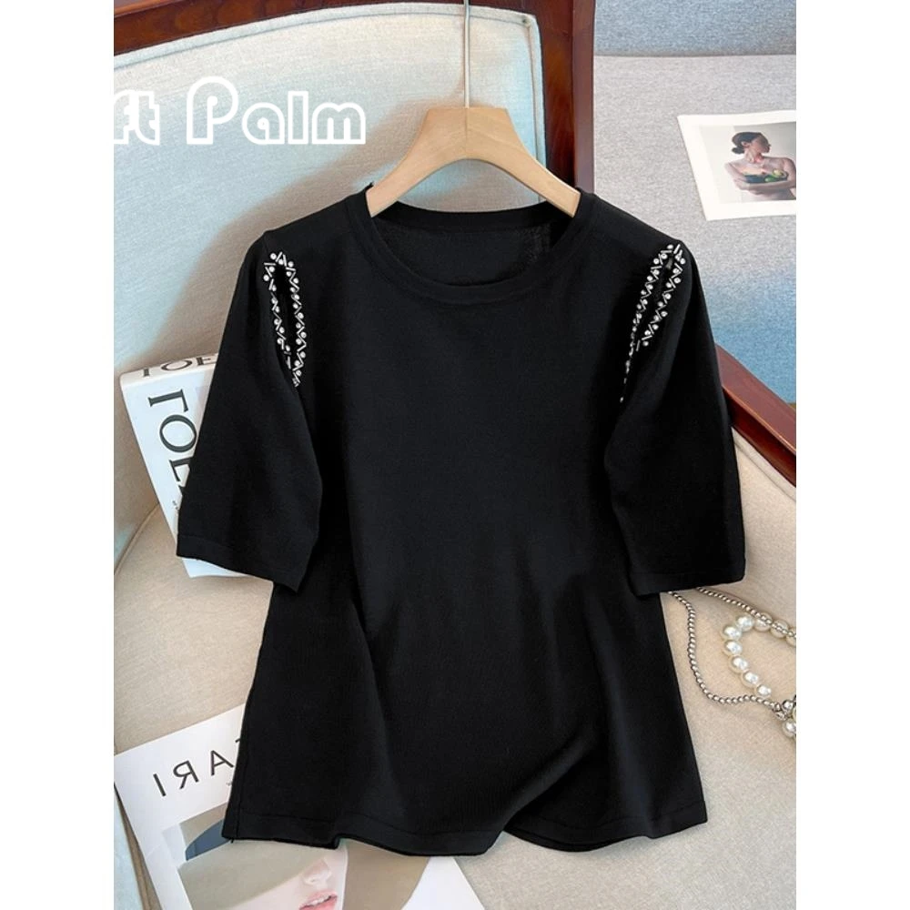 GiftPalm大码女装夏季新款胖mm遮肚上衣时尚洋气宽松钉珠短袖t恤