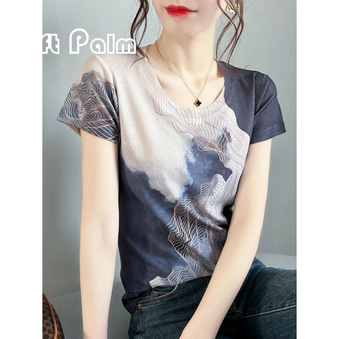 GiftPalm2024夏新款复古素雅印花短袖t恤女洋气修身显瘦打底上衣