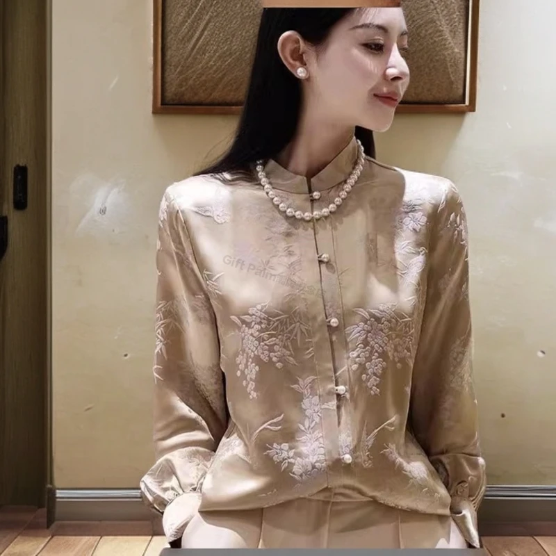 GiftPalm高档新中式国风盘扣上衣香槟色小立领真丝桑蚕丝复古衬衫