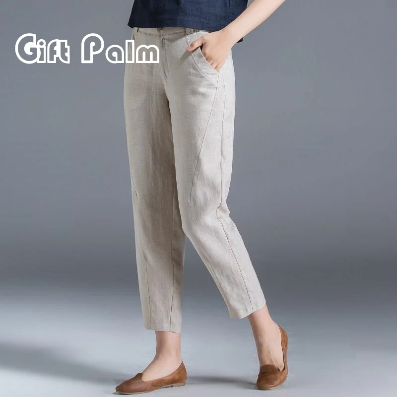 GiftPalm女裤夏季薄款中年妈妈裤子亚麻休闲裤2024新款大码九分裤