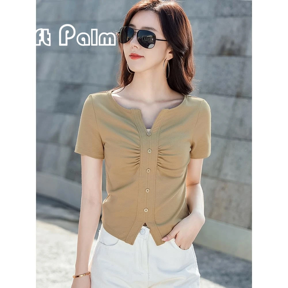 GiftPalm独特短袖t恤女夏2024新款不规则修身褶皱小个子短款上衣