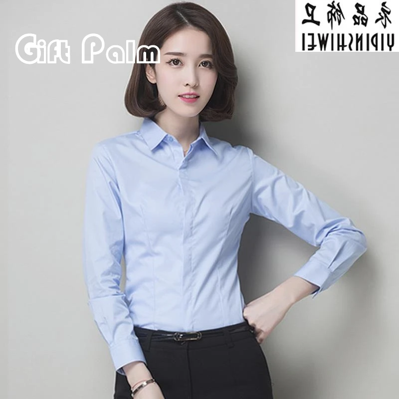 GiftPalm新款蓝色衬衫女职业长袖衬衫商务上班正装女士工装衬衣女