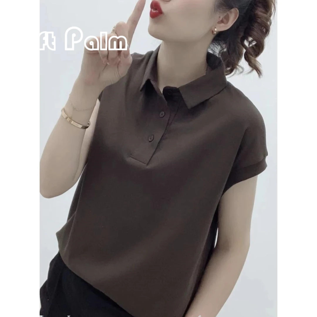 GiftPalm夏季新款短袖气质百搭宽松显瘦纯色翻领三粒扣上衣女减龄