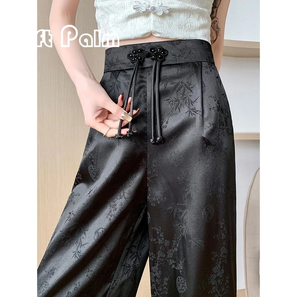 GiftPalm黑色国风阔腿裤女春秋高腰垂感新中式盘扣缎面提花直筒裤