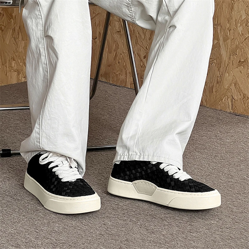 2024夏秋新款厚底增高百搭男鞋编织透气板鞋纯色帆布鞋休闲鞋
