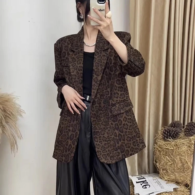 中长款豹纹西装外套女高级感2024秋季新款赫本风长袖休闲西装外套