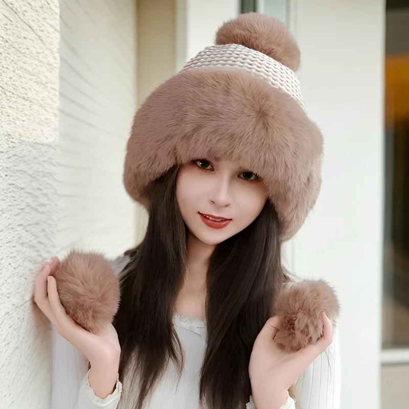 冬季女士毛绒帽子加绒加厚针织百搭显脸小冬天骑车防寒护耳保暖帽