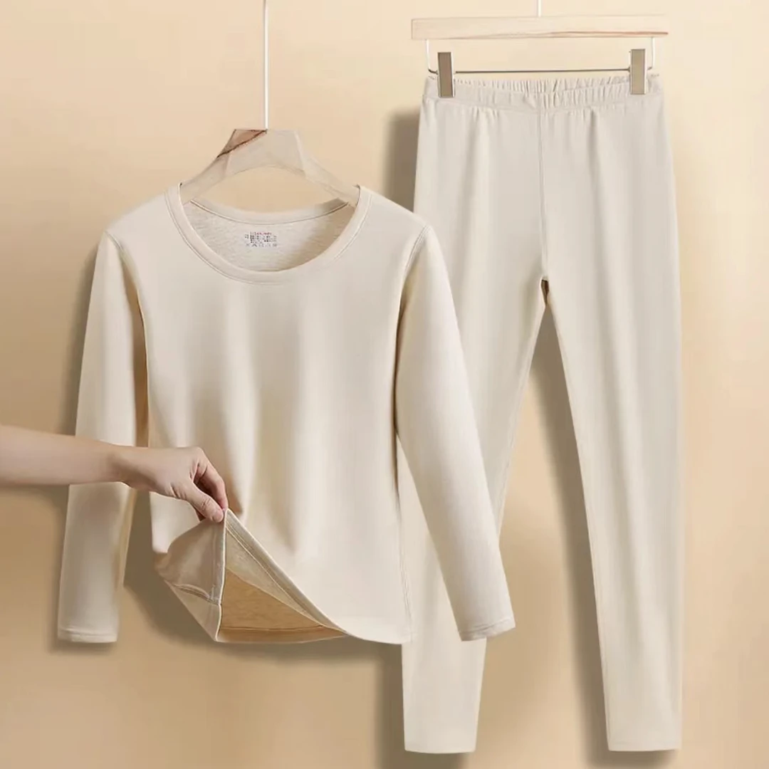 女款羊毛蚕丝保暖内衣套装秋冬季加绒圆领双面磨毛秋衣秋裤