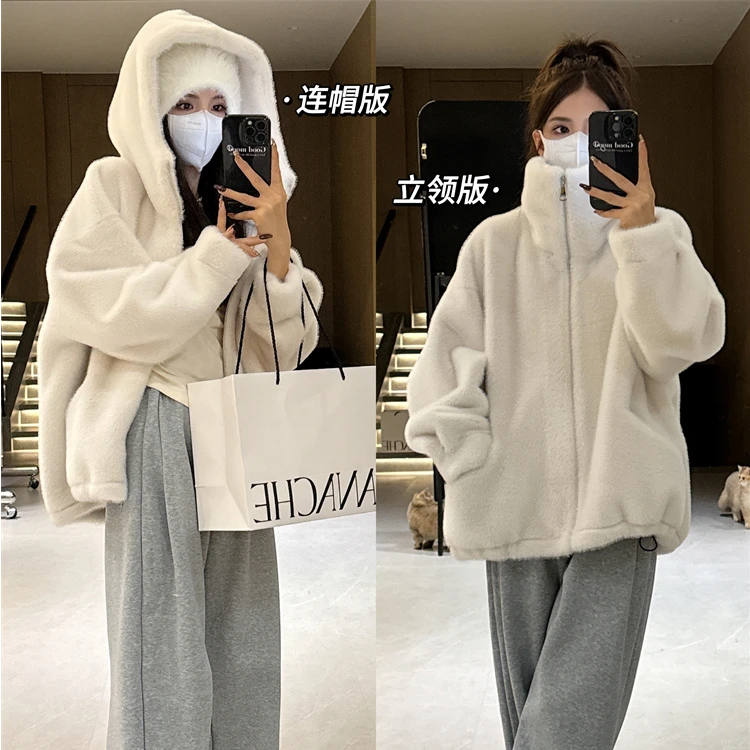 皮毛一体短款毛毛外套女oversize秋冬加厚宽松慵懒风水貂绒大衣