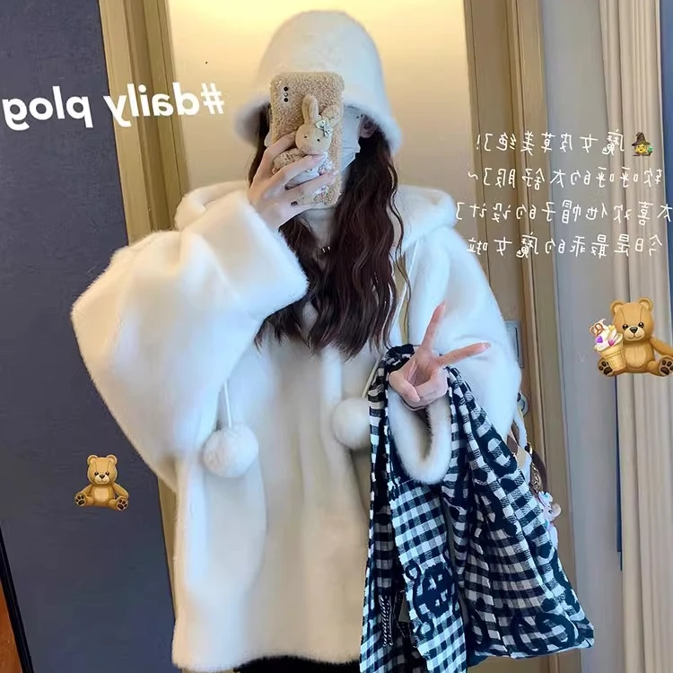 2025冬季连帽加厚女巫仿水貂绒大衣皮毛一体巫师帽毛毛毛绒绒外套