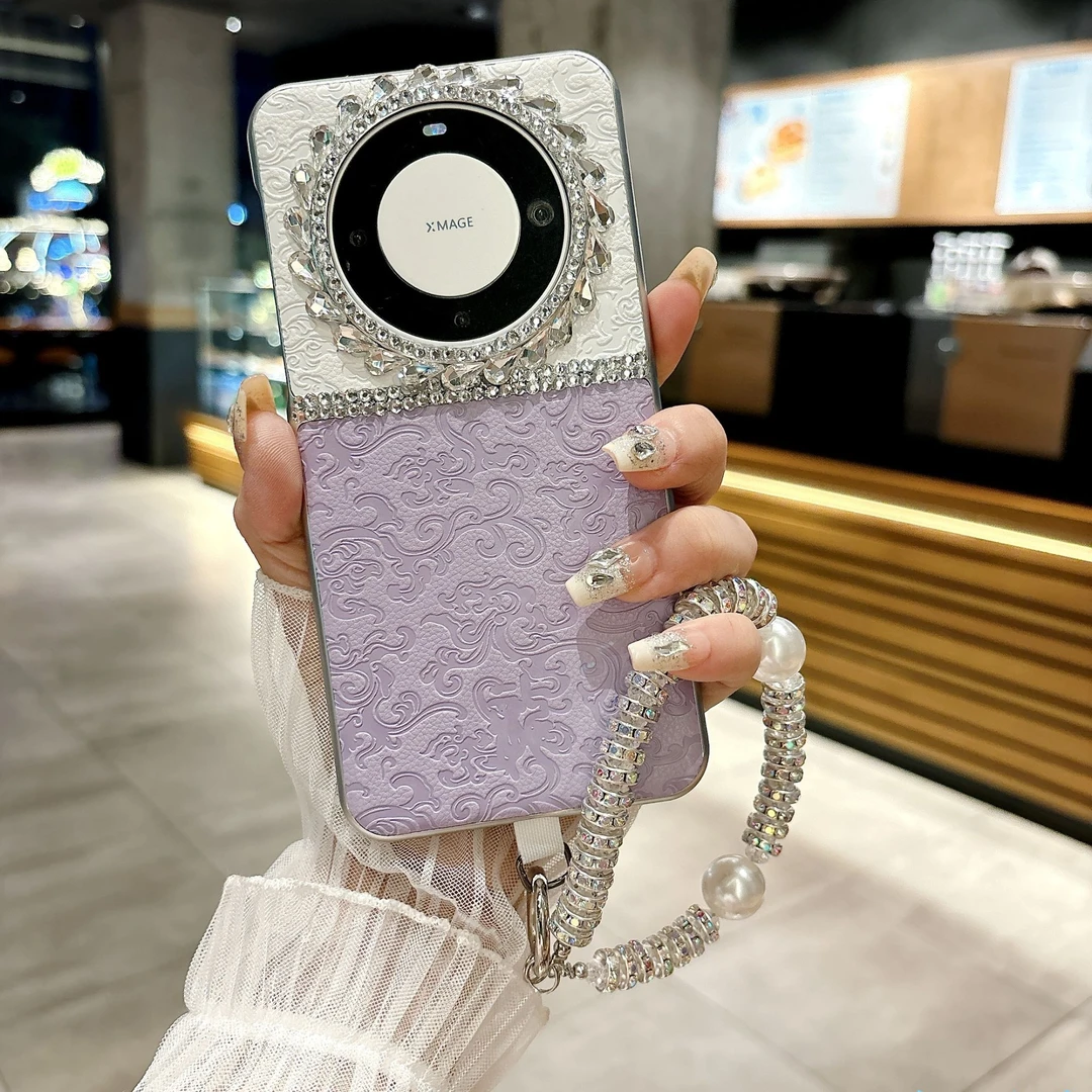 新款适用华为mate60pro手机壳高档皮质镜头镶钻mate40RS保时捷50