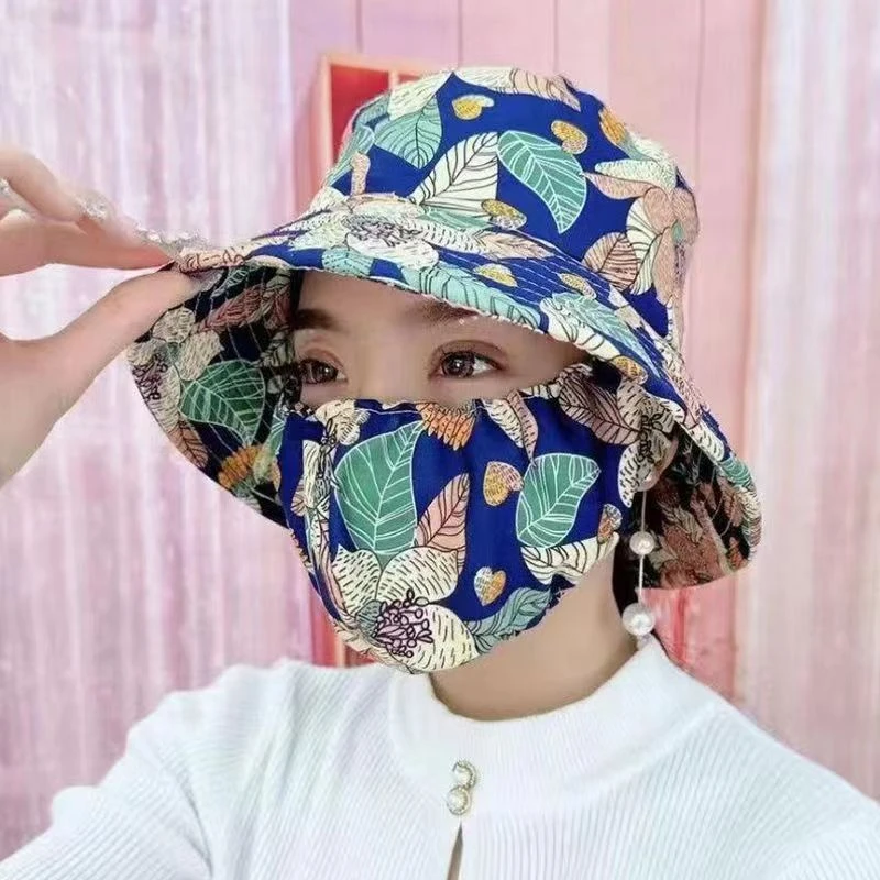 2025新款防晒口罩一体帽子印花遮阳帽女款防紫外线遮脸渔夫帽