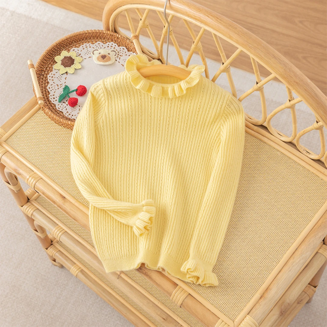 秋冬新款花边羊绒针织衫女童内搭修身常规款纯色抽条羊毛衫打底衫