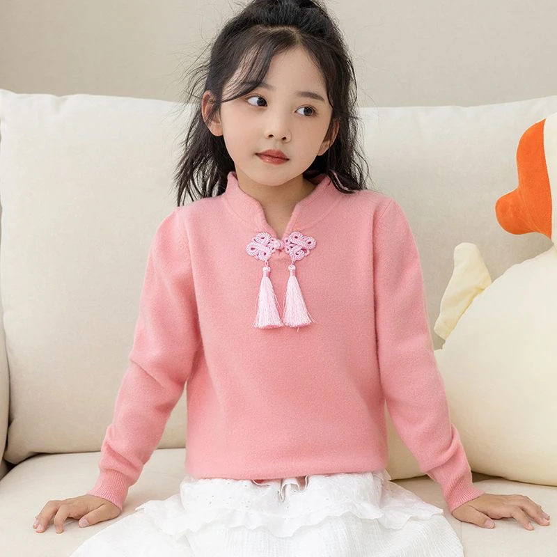 女童秋冬新款中国风盘扣儿童加厚打底100%纯羊毛针织毛衣新中式