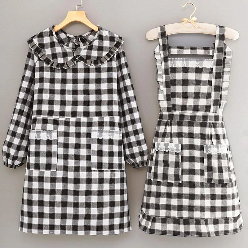 家用简约清新长袖围裙做饭罩衣透气耐磨布料工作上班短款小个子