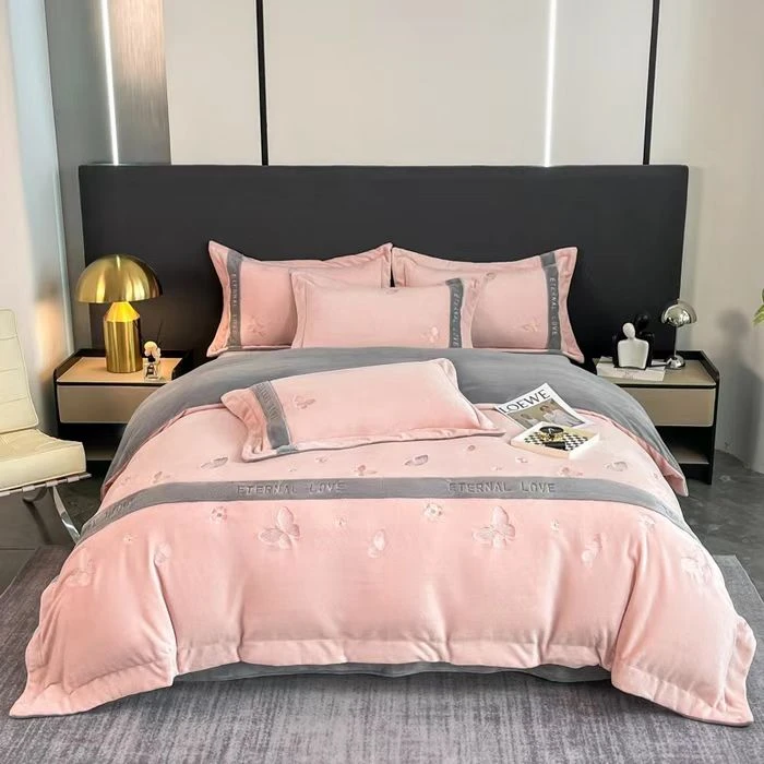 高克重牛奶绒刺绣四件套双面加绒保暖床品