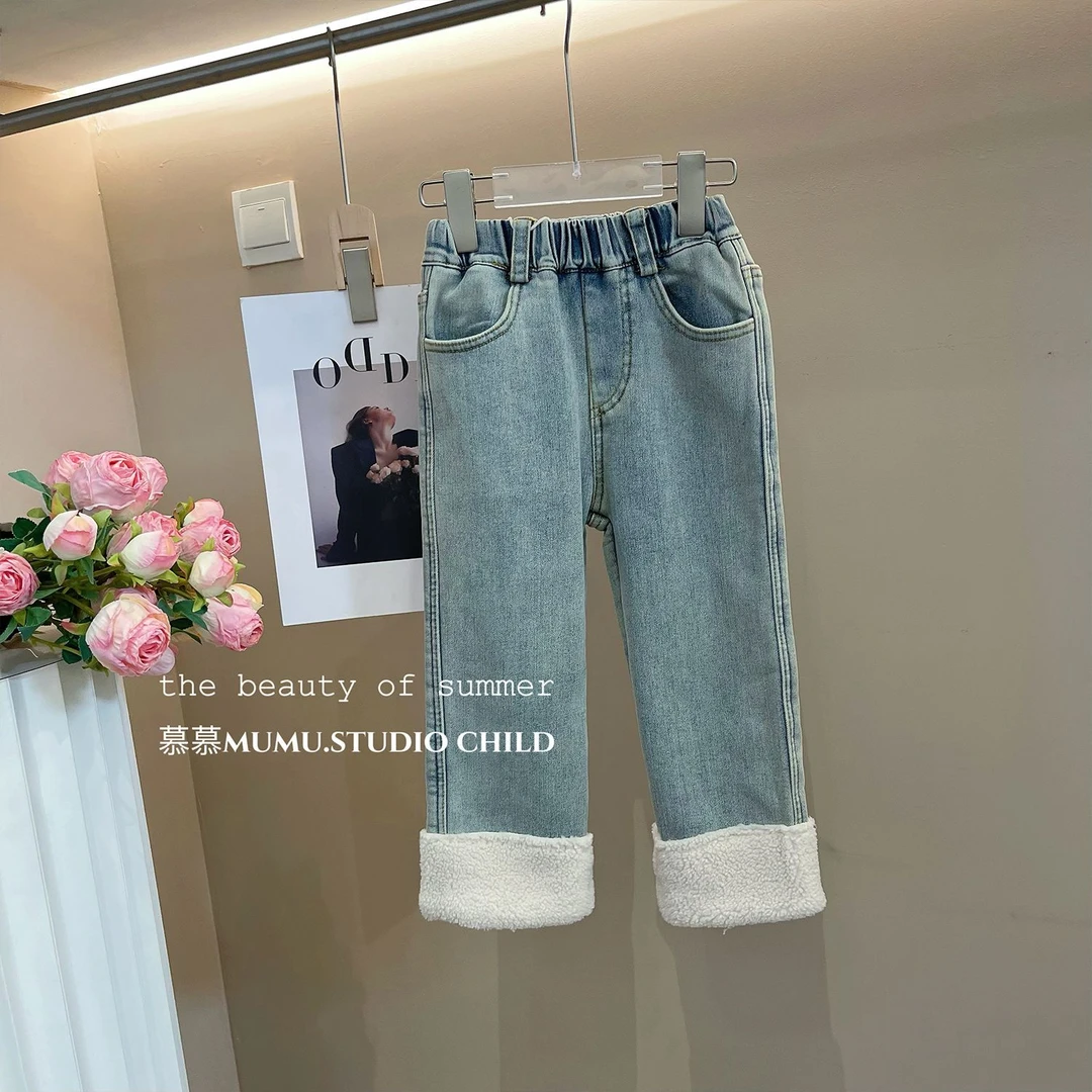 【现货】女童加绒牛仔裤2023冬季新款儿童百搭时尚烟管裤韩版女宝