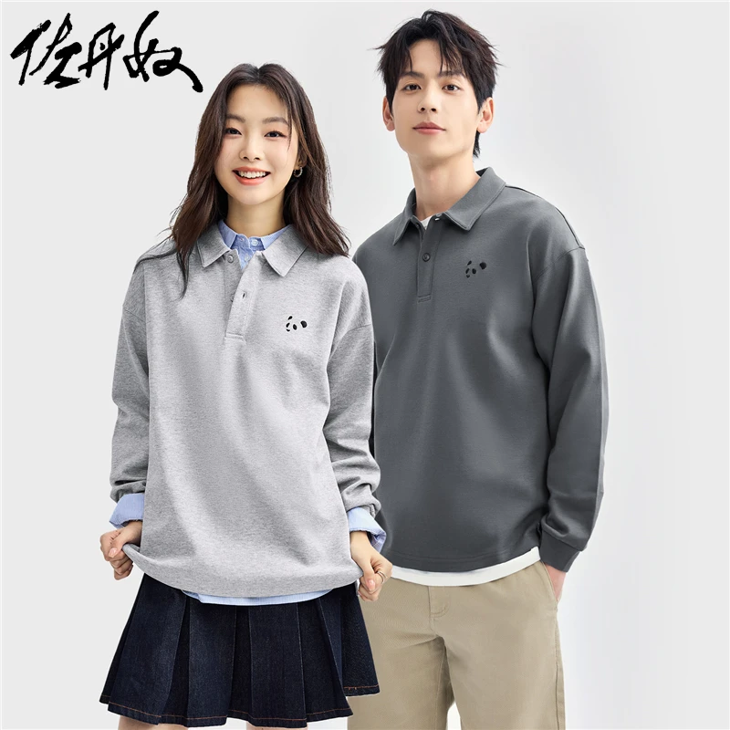 佐丹奴男女同款熊猫刺绣双面布宽松翻领针织长袖POLO18014618
