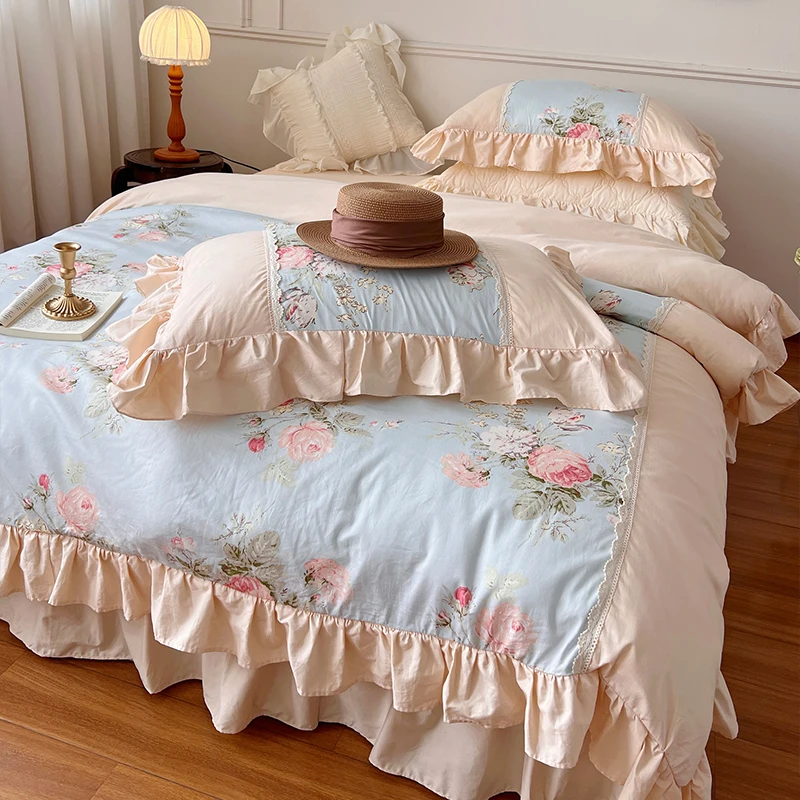 【奥黛尔】法式复古碎花四件套全棉纯棉公主风荷叶边被套床单床品