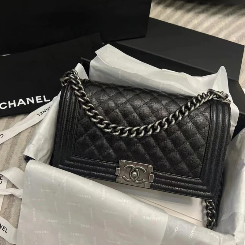 95新 Chanel/香奈儿 【小鱼儿专属】H504102中号黑银荔枝leboy包
