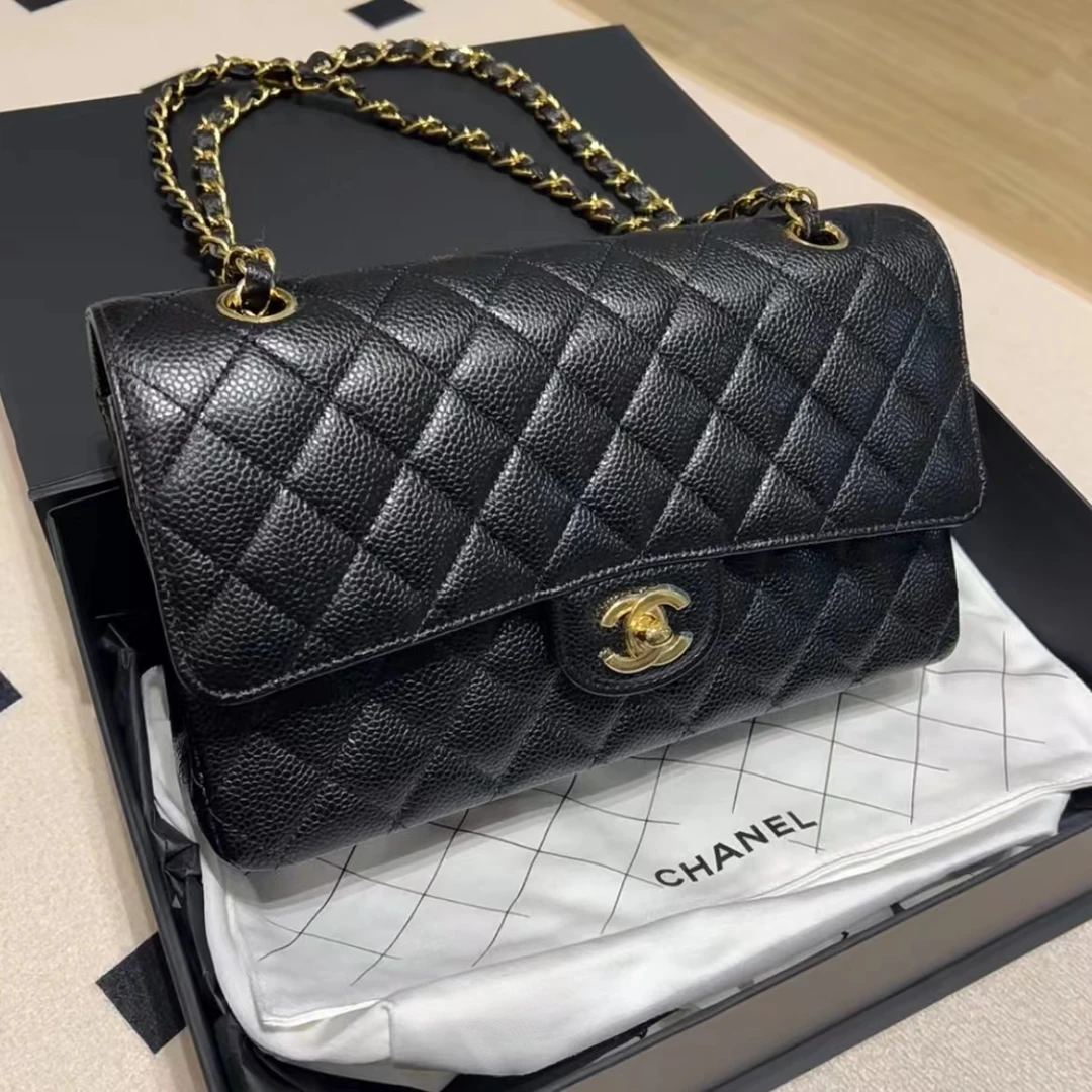 99新 Chanel/香奈儿 小鱼儿/H5021901/黑金荔枝中号cf链条包