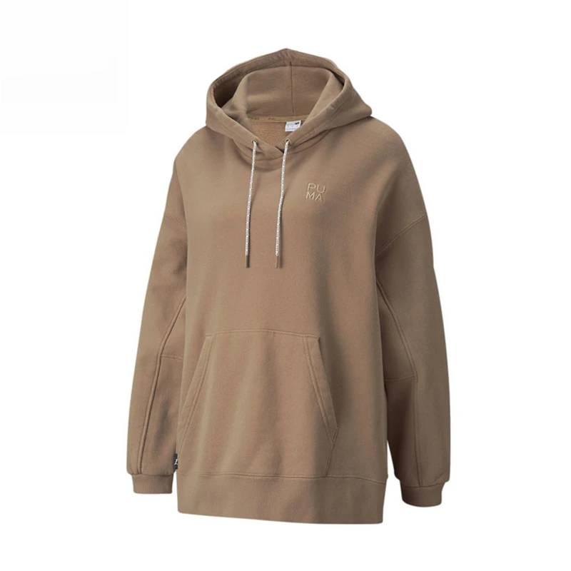Puma纯色Logo刺绣宽松连帽套头长袖卫衣女款棕色533421-63