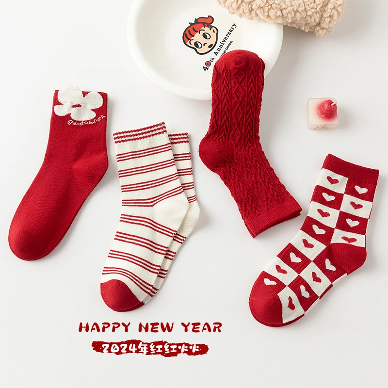 儿童袜子秋冬棉袜新年红袜子女童女孩爱心潮袜春秋宝宝圣诞中筒袜