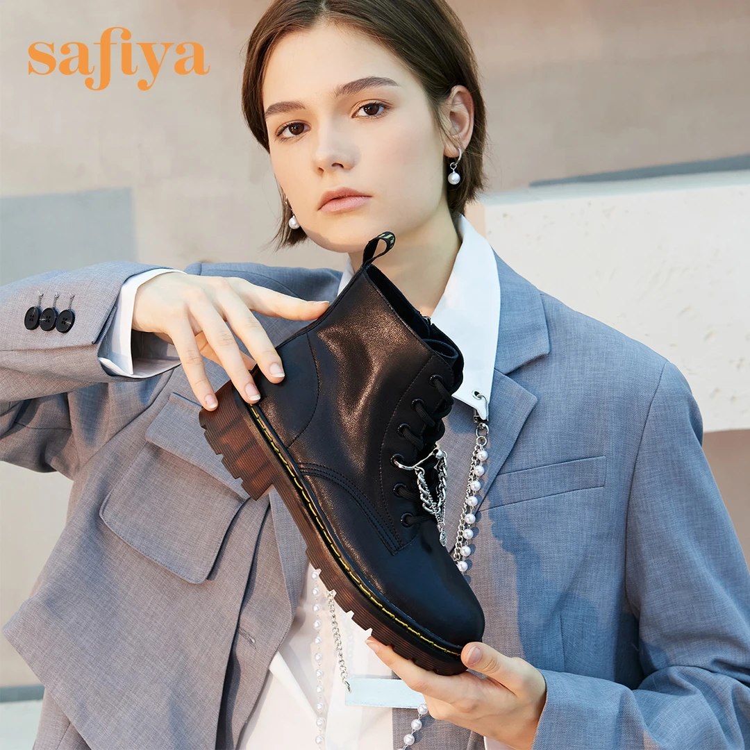 索菲娅短靴女秋冬圆头粗跟厚底百搭马丁靴SF14116119