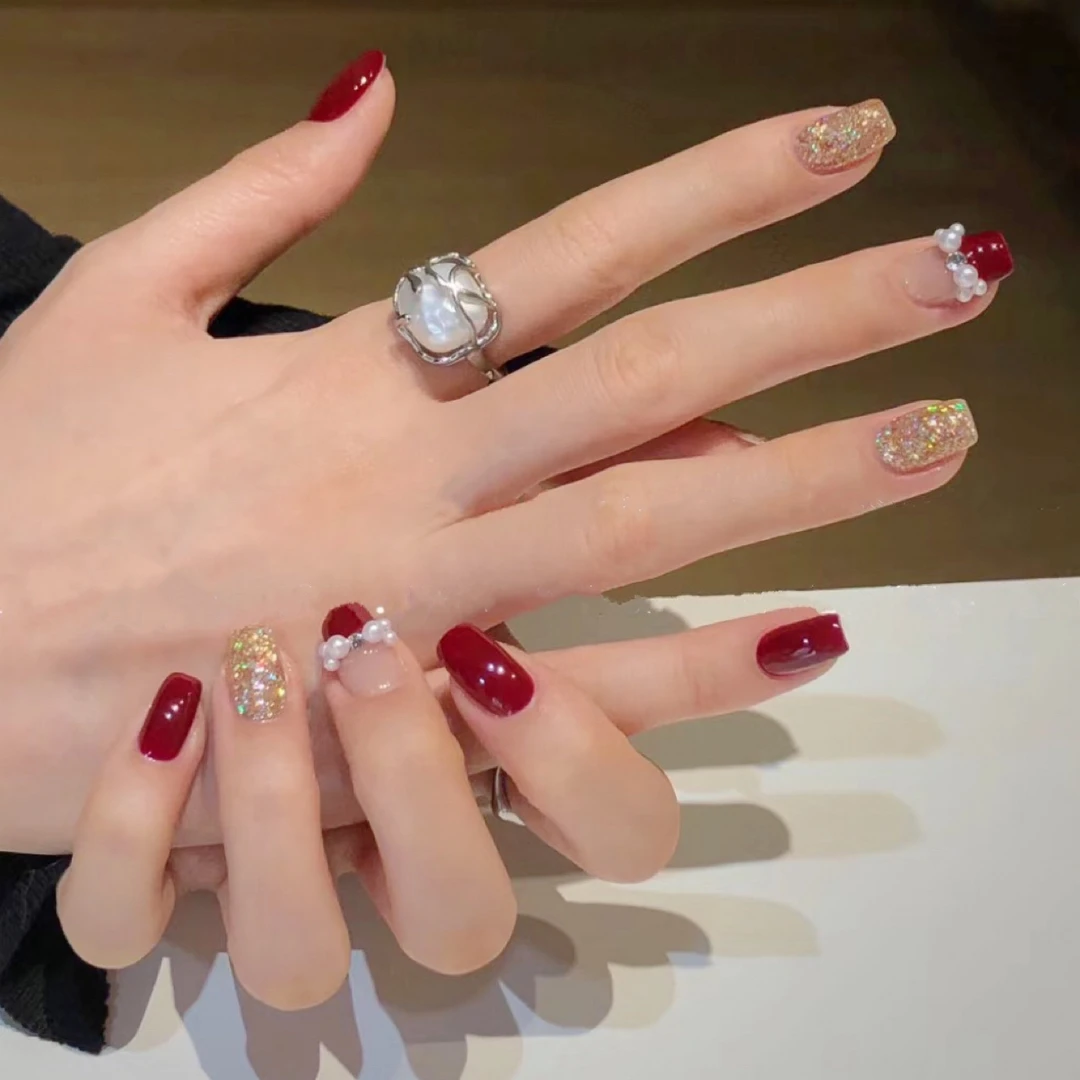 【短方】酒红蝴蝶 穿戴甲美甲贴片可拆卸手工指甲贴24片装珍珠显白