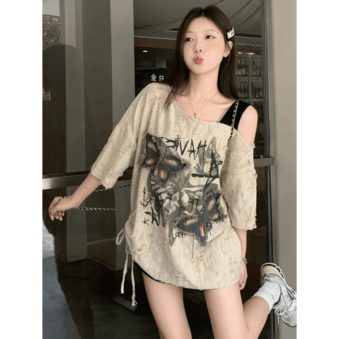 时尚流行破洞设计感显瘦T恤女夏季欧货个性短袖女装宽松遮肚上衣