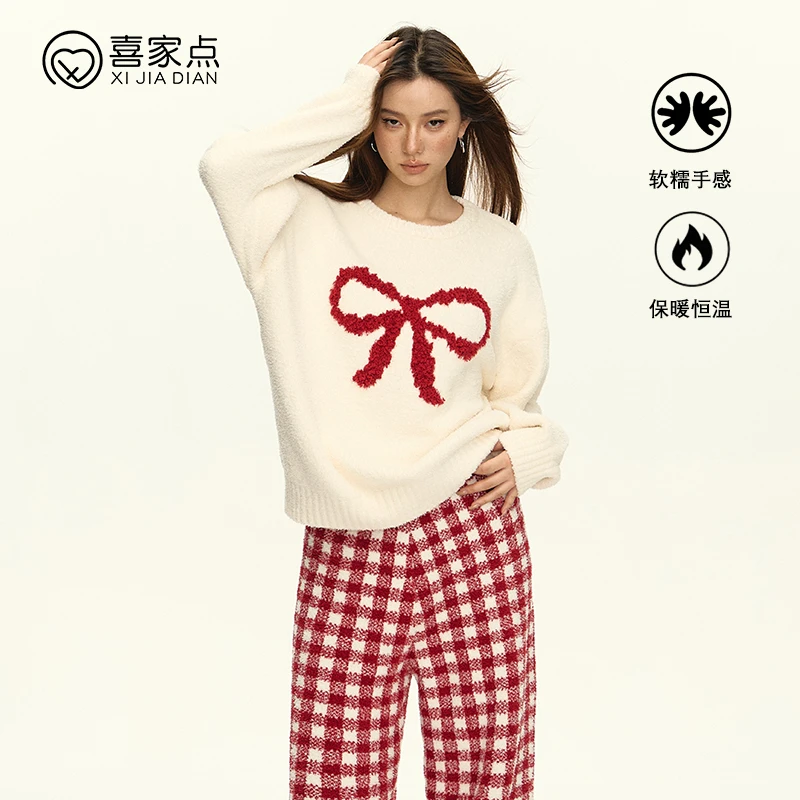 喜家点【红色蝴蝶结】2025秋冬蝴蝶结软糯半边半边绒家居服女冬款厚