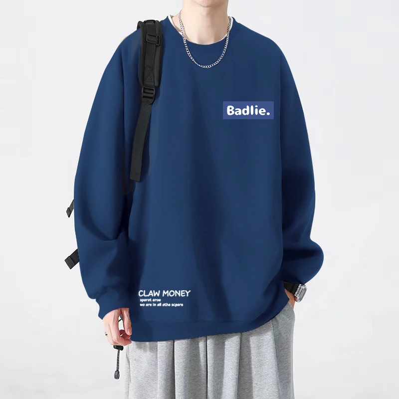 秋冬季无帽卫衣男加绒加厚oversize宽松大码垂坠感慵懒圆领上衣男