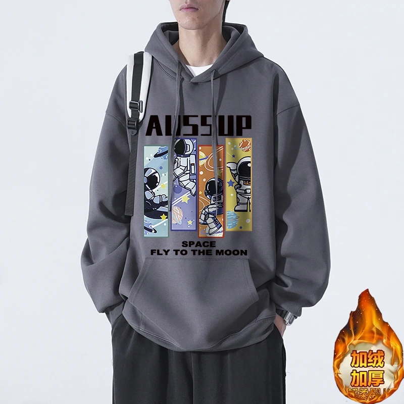 美式复古潮牌大码加绒男装小众秋冬季保暖重磅连帽青少年卫衣套头