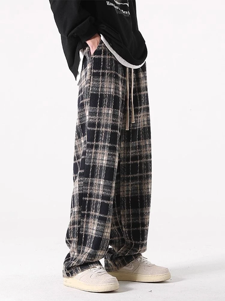 大码2-300斤秋冬季加绒加厚格子毛呢裤子男休闲直筒裤宽松阔腿裤
