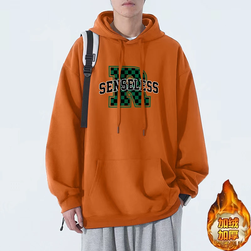 美式休闲大码重磅加绒加厚宽松秋冬保暖男装连帽抽绳卫衣个性上衣