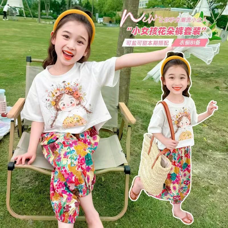 2024潮范女童花朵裤套装新款卡通短袖T恤长裤两件套夏季薄款童装