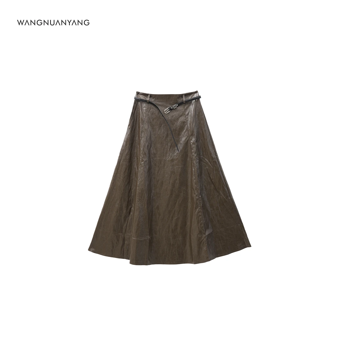 【王暖阳】英式典雅｜显瘦遮肉A字大摆带腰带小皮裙