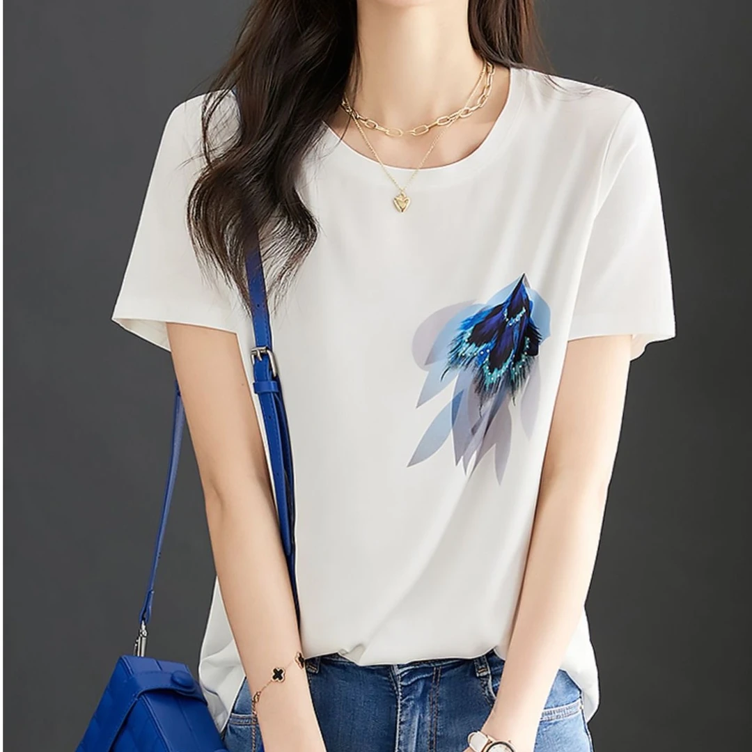 【断码优价】夏季新款桑蚕丝薄款短袖休闲显瘦百搭时尚彩绘女T恤衫