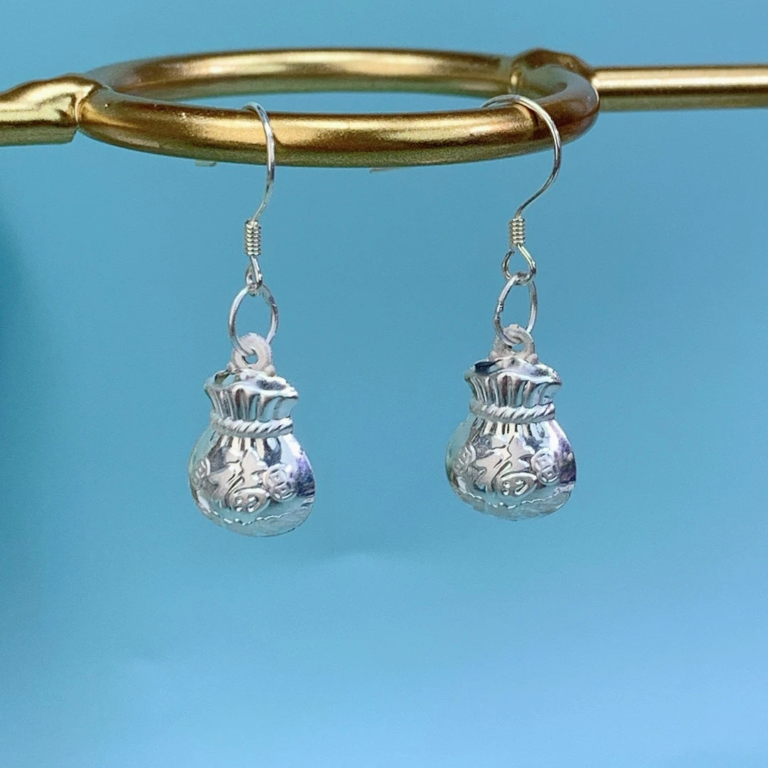 足银耳饰 足银999纯银耳环女福袋福字简约素款复古一对防过敏