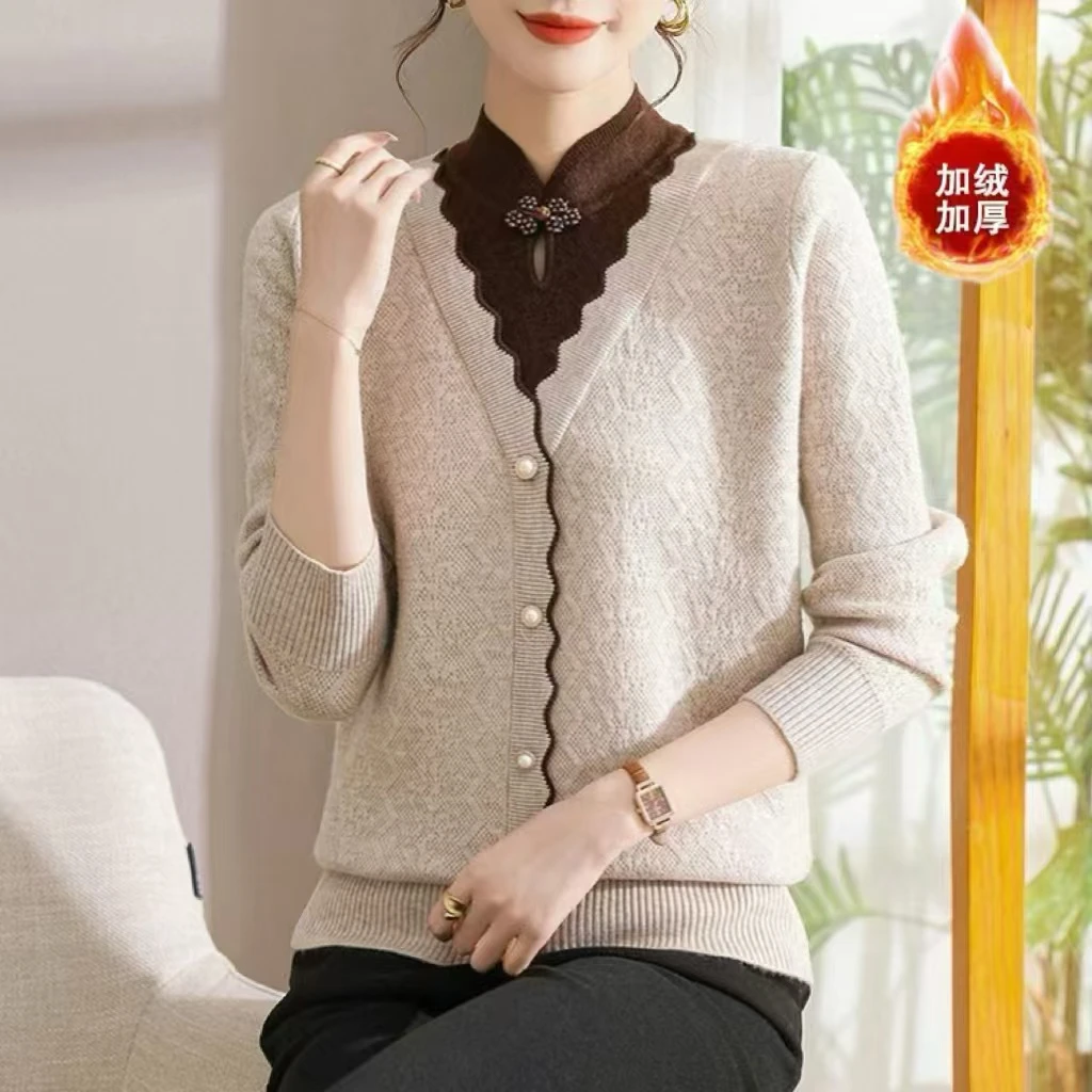 2024秋冬新款中老年妈妈装洋气假两件针织衫加绒加厚百搭打底上衣