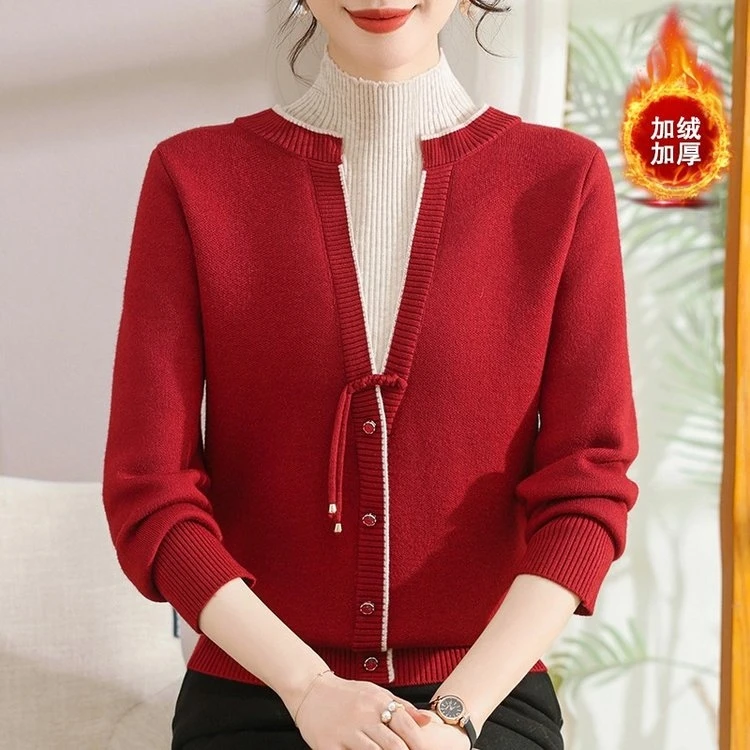 妈妈秋冬新款针织打底衫半高领上衣中老年女秋冬加绒加厚保暖毛衣