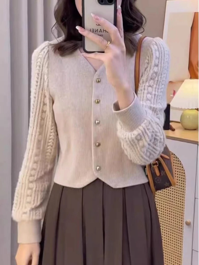 加绒长袖镂空打底针织衫女2024秋冬新款设计感气质减龄百搭上衣女