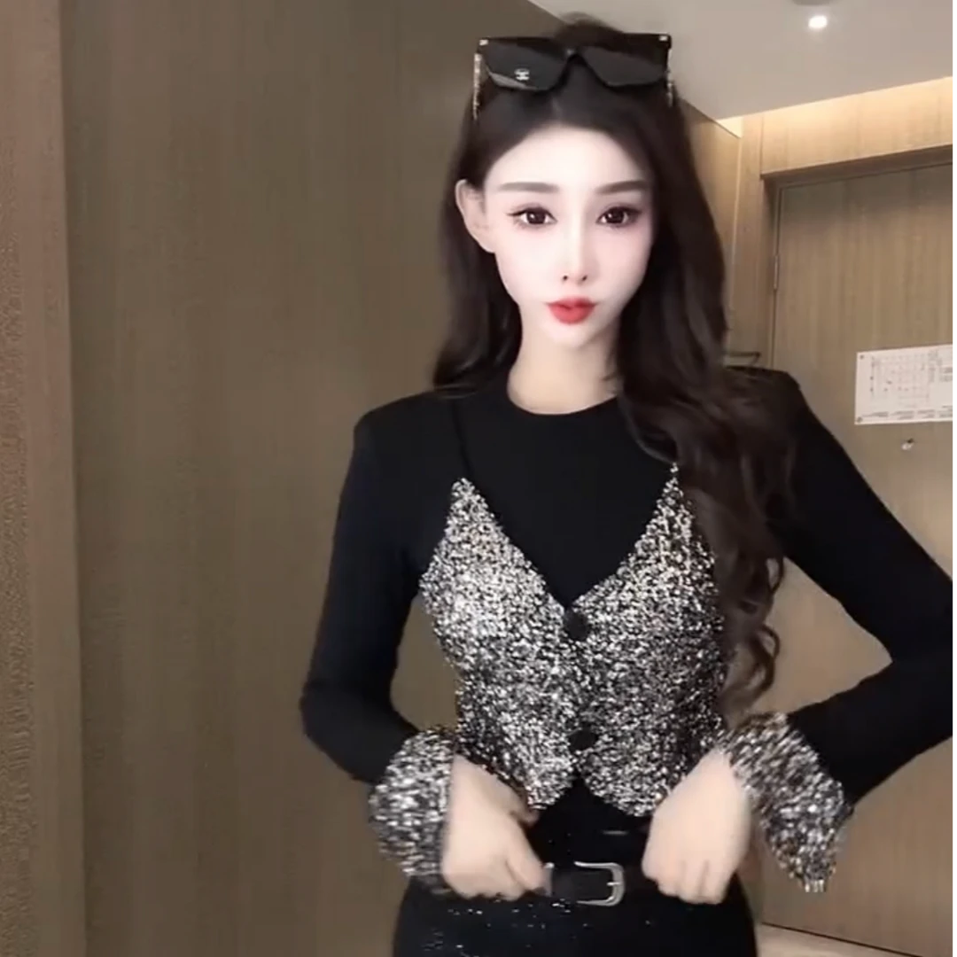 时尚假两件百搭亮片重工洋气新款显瘦美拉德小衫