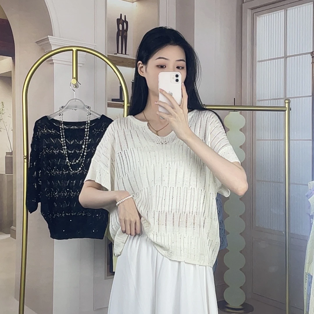 五彩亮片短袖时尚V领夏季气质重工设计毛衣透气休闲舒适针织上衣