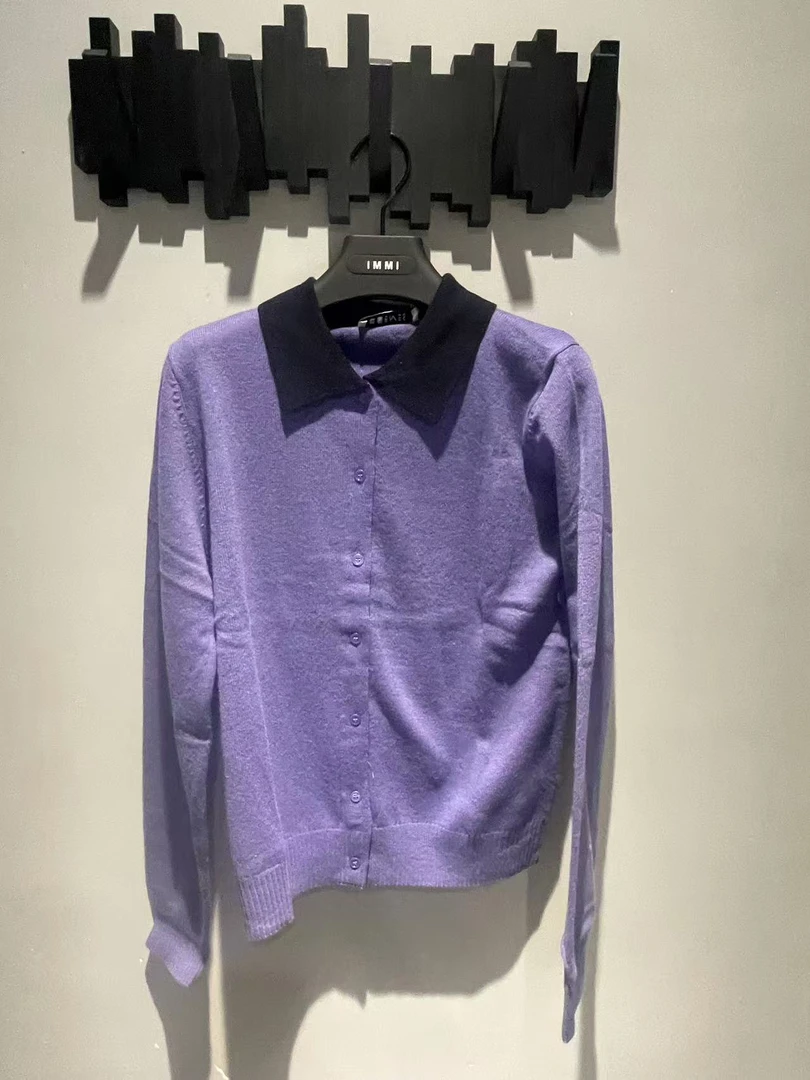 COEMES 设计师品牌 2024冬季新款复古衬衣版拼色翻领针织开衫上衣