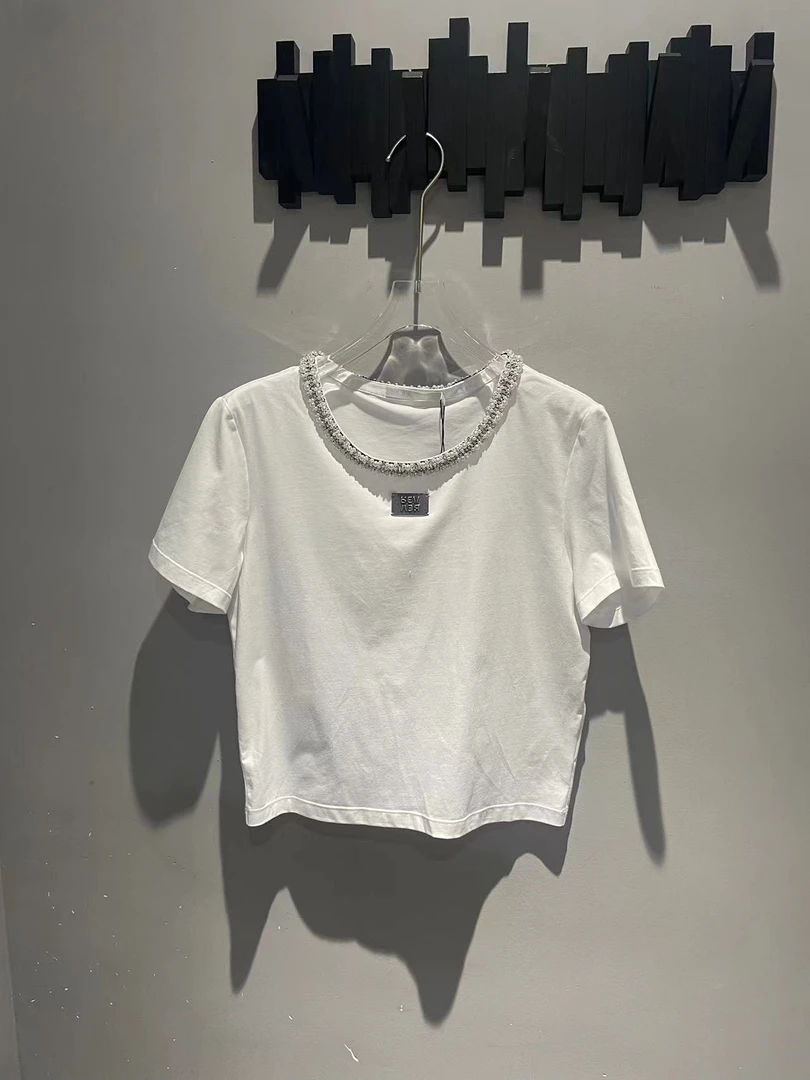 芮范 纯色领口镶珠小版型上衣