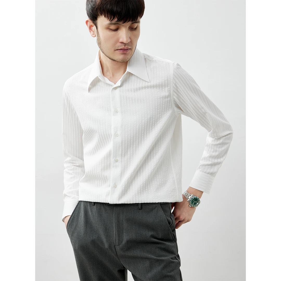 时尚男士肌理感长袖衬衫男士商务休闲百搭条纹泡泡纱尖领衬衣H903